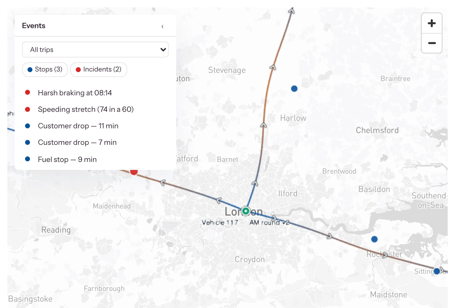 Routes: trips by speed, with stops and incidents