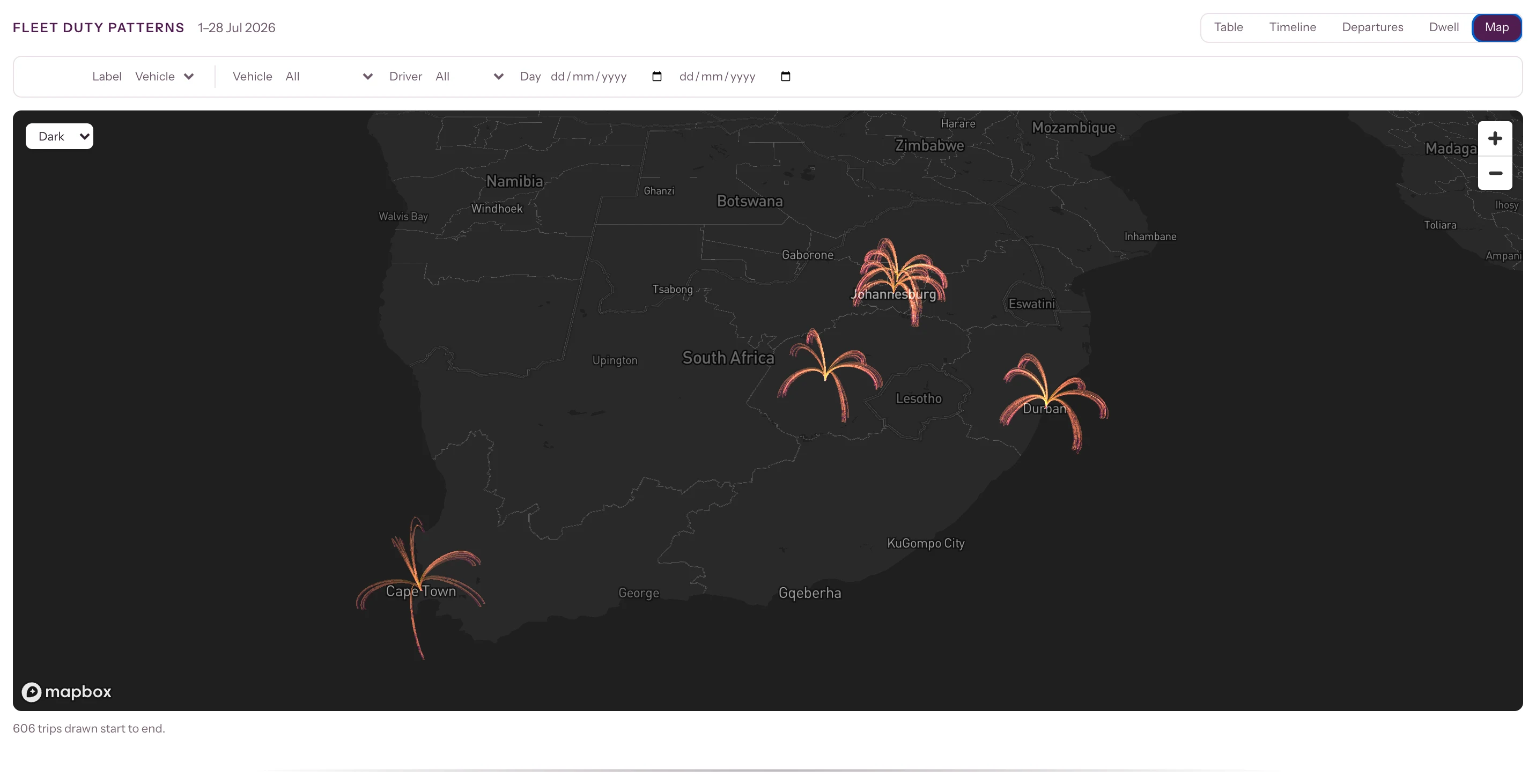 Map view: every trip drawn start to end, fanning out from the depots